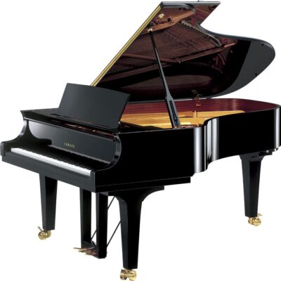 Yamaha CF6 concert grand piano in polished ebony finish with lid open