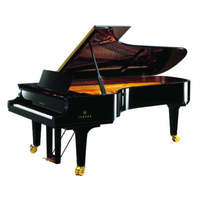 Yamaha CFX 22 nine-foot concert grand piano in polished ebony finish, viewed from the side with lid open
