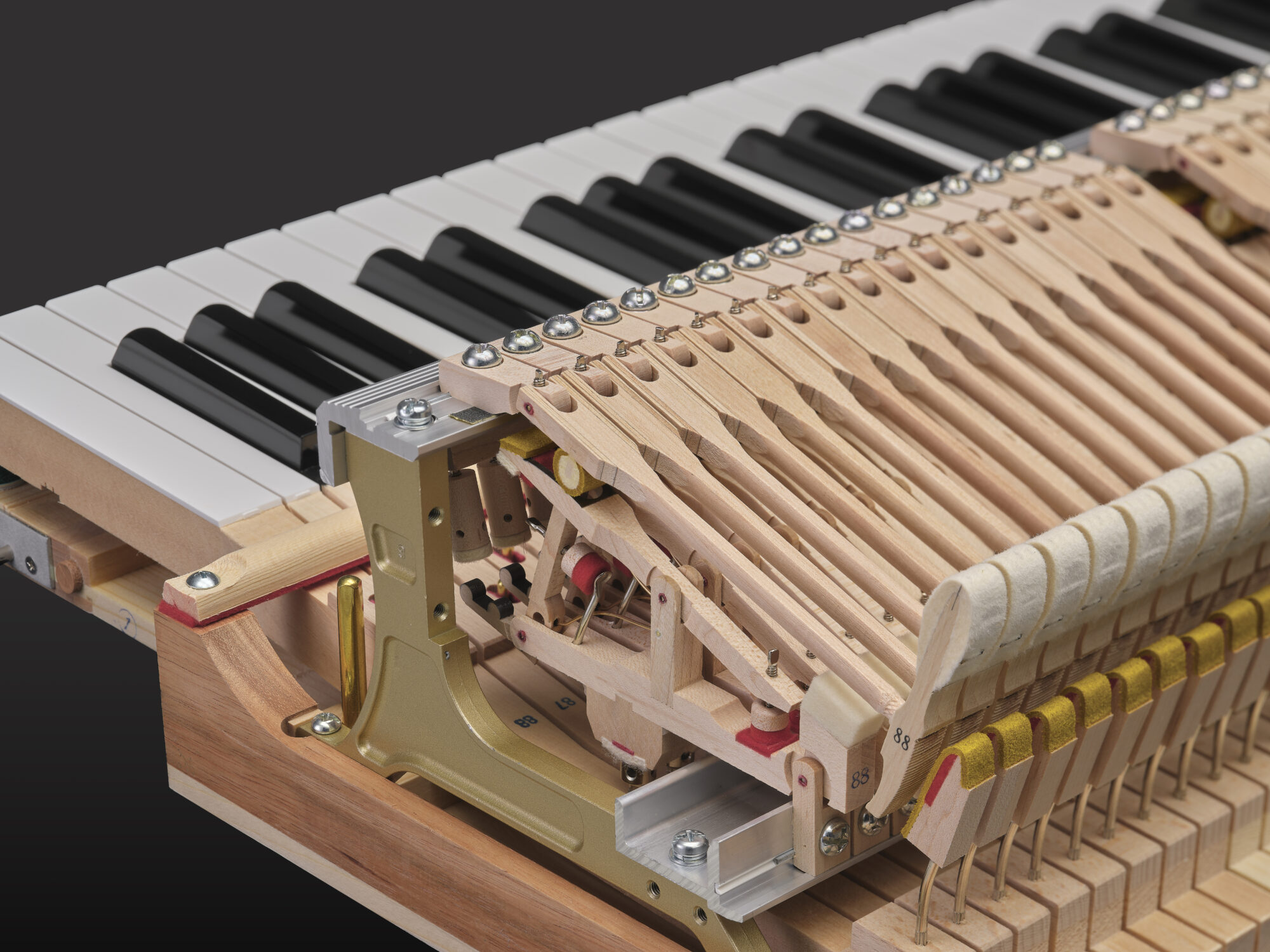 yamaha gcb piano action showing the hammers, keys, whippens and more